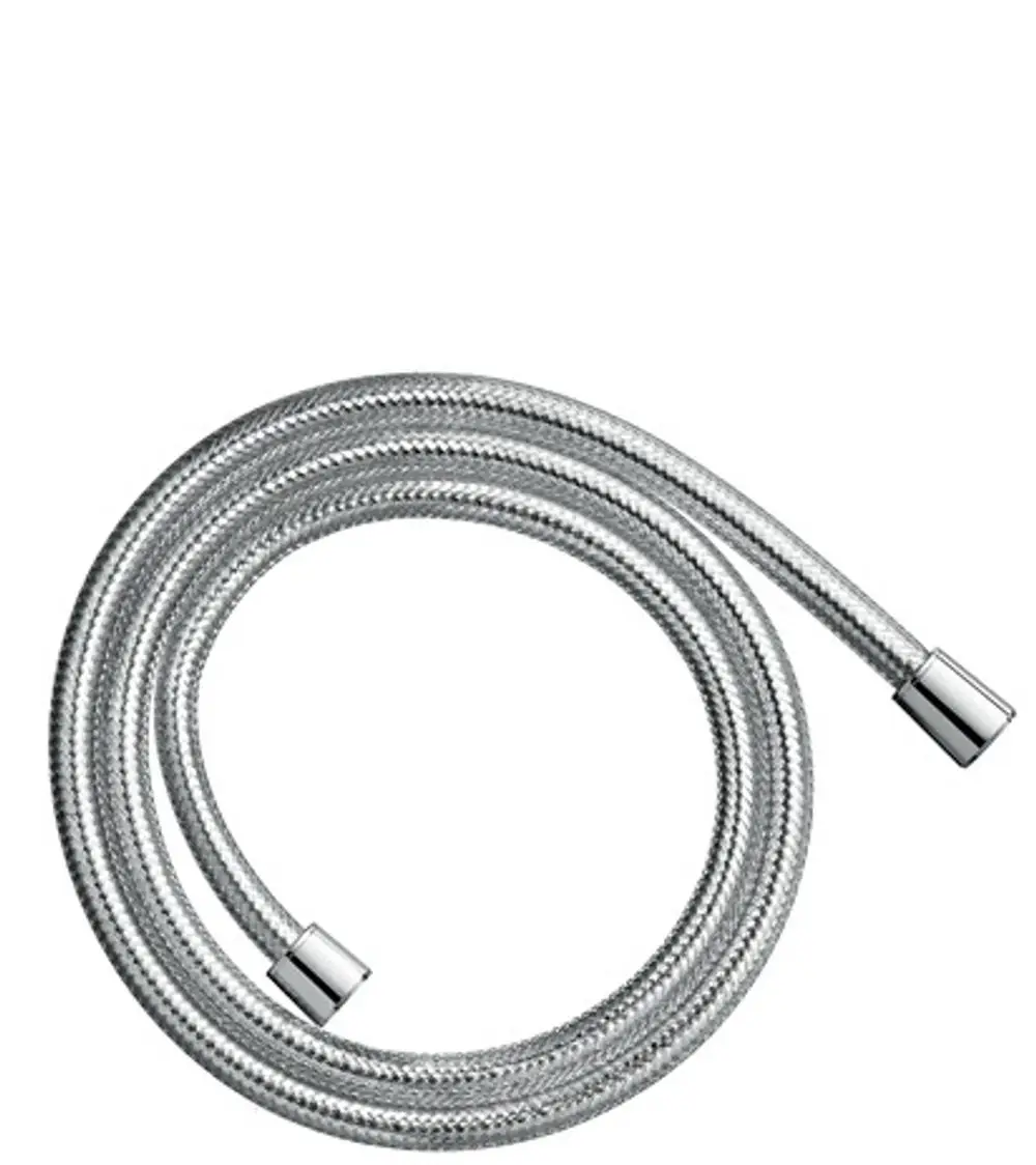 Hansgrohe Brauseschlauch mit einem flexiblen, silbernen Gewebe und zwei Endstücken, die für die Befestigung an Duschsystemen geeignet sind.